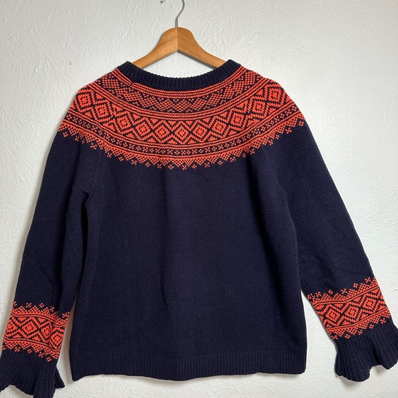 J Crew Women Fair Isle Sweater Merino Wool Blend Ruffle Sleeve Navy Orange Large - Picture 7 of 10